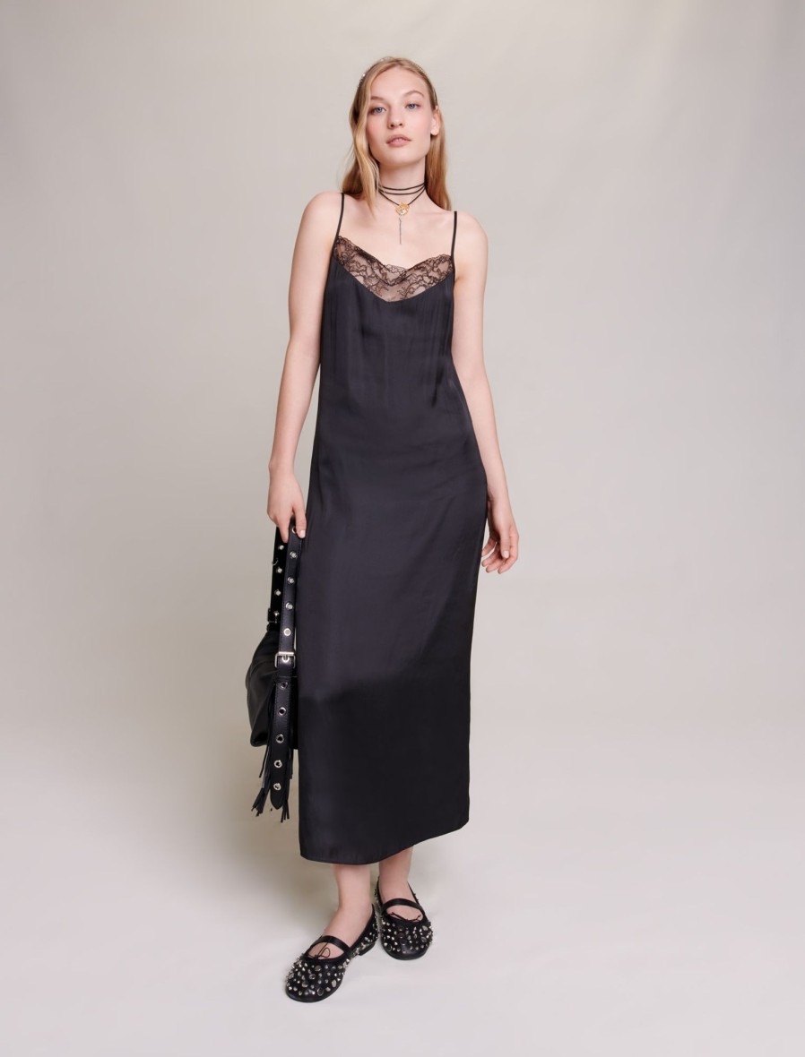 Maje Black Dresses | Long Satin Slip Dress
