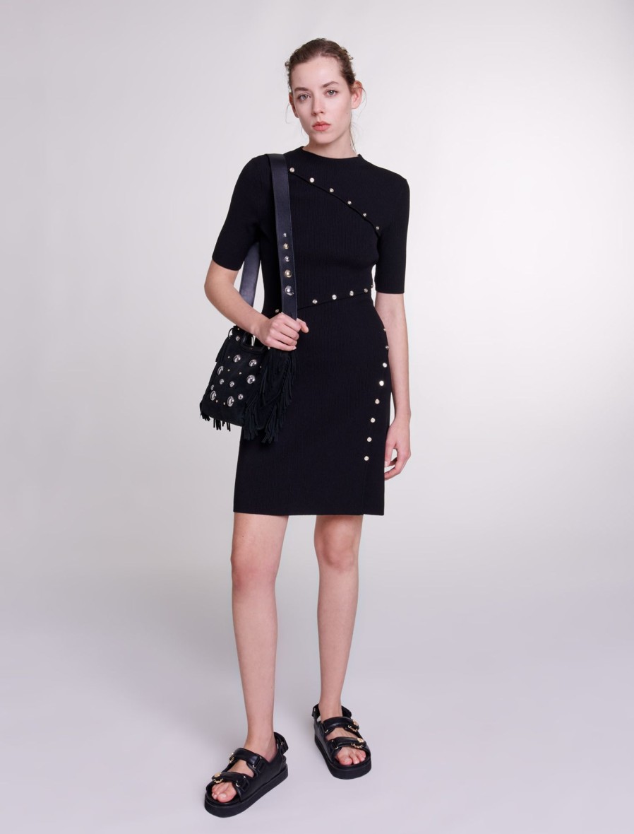Maje Black Dresses | Dress In Ribbed Knit With Buttons