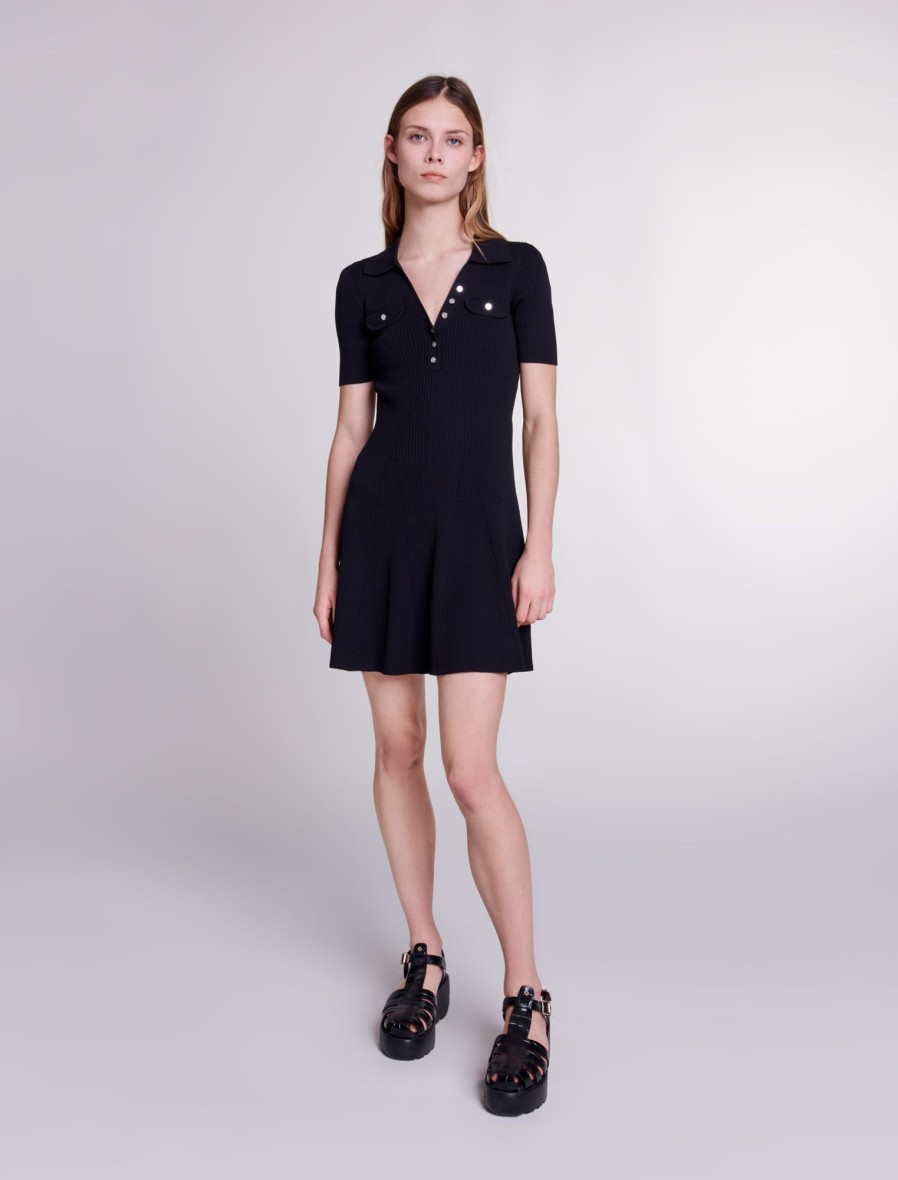 Maje Black Dresses | Polo Collared Knit Dress