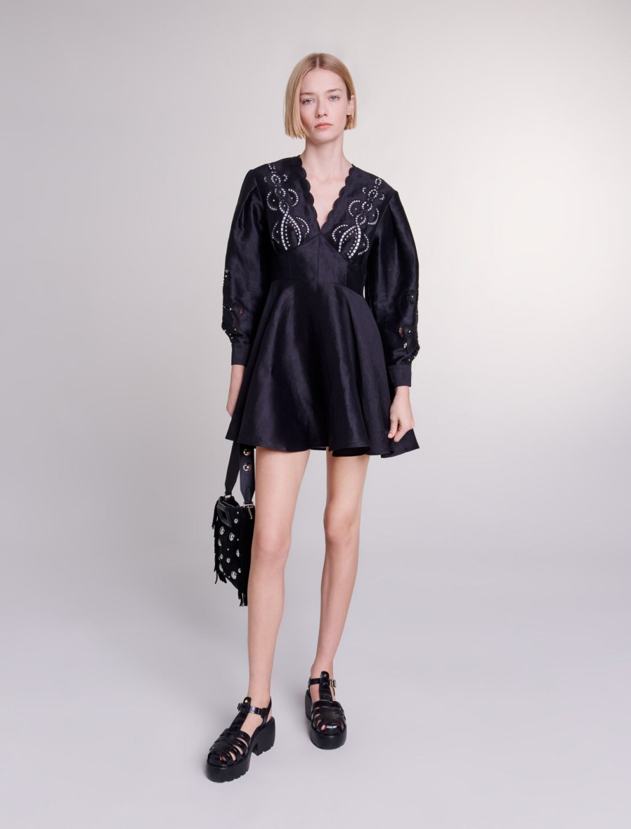 Maje Black Dresses | Short Embroidered Linen Dress