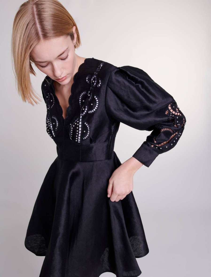 Maje Black Dresses | Short Embroidered Linen Dress