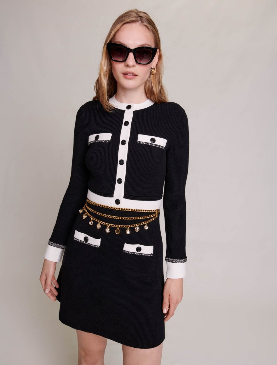 Maje Black Dresses | Contrast Mesh Short Knit Dress