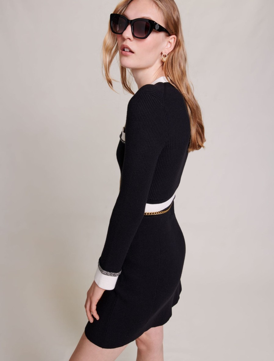 Maje Black Dresses | Contrast Mesh Short Knit Dress