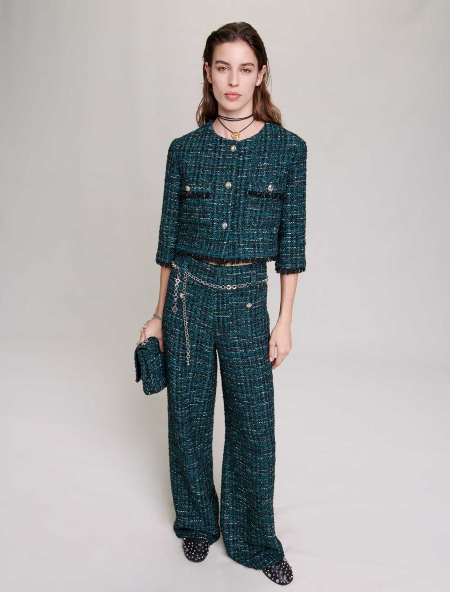 Maje Tweed | Tweed Wide Leg Trousers- Green