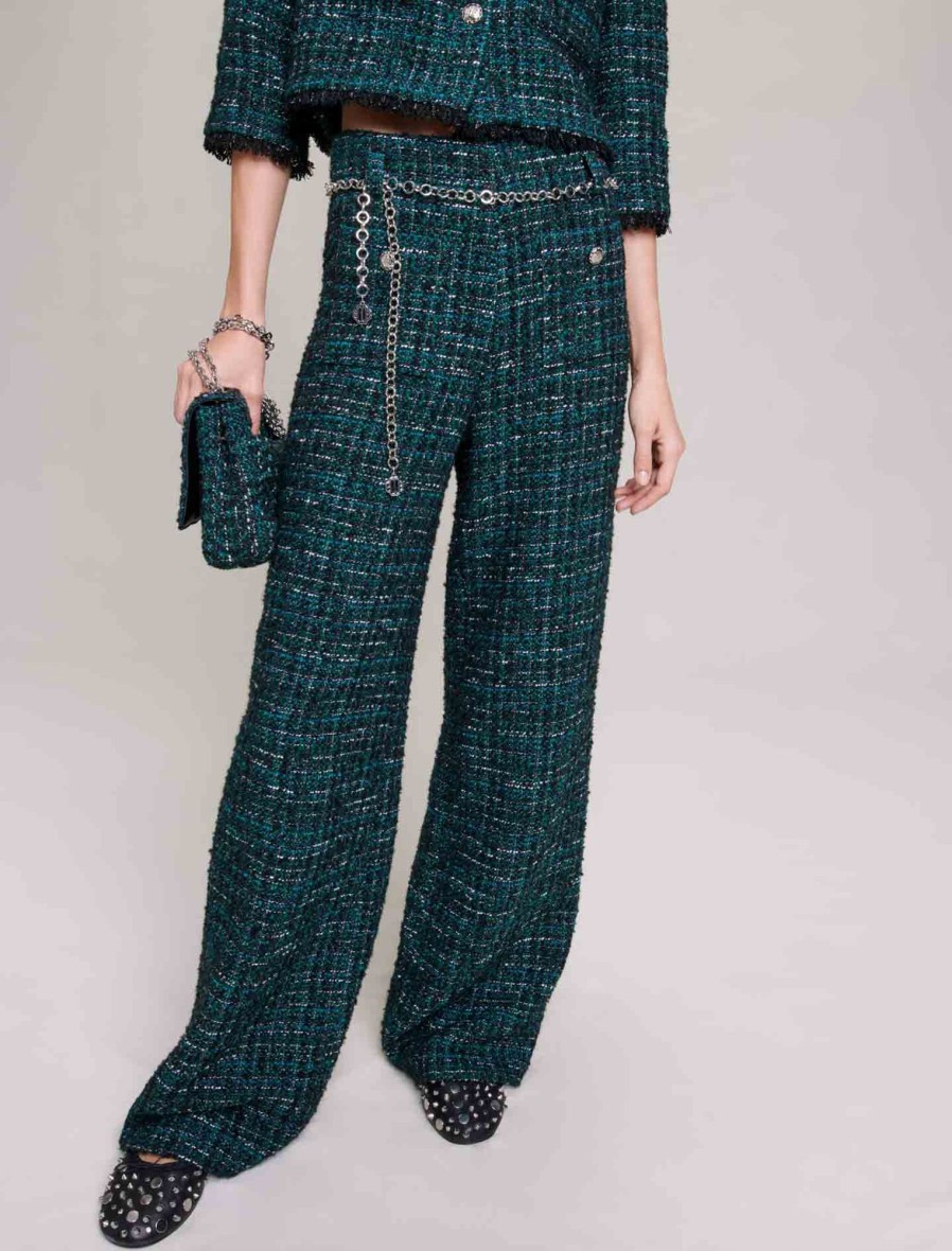 Maje Tweed | Tweed Wide Leg Trousers- Green