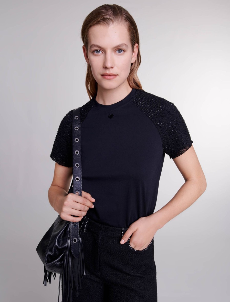Maje Tweed | Short Sleeved Black Tweed Tshirt