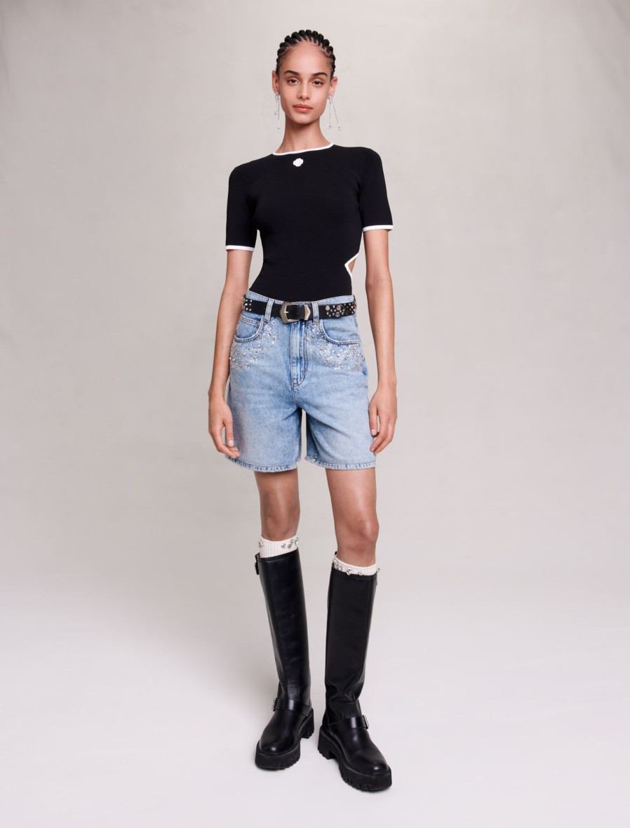 Maje Eco-Friendly Selection | Flared Denim Shorts With Rhinestones