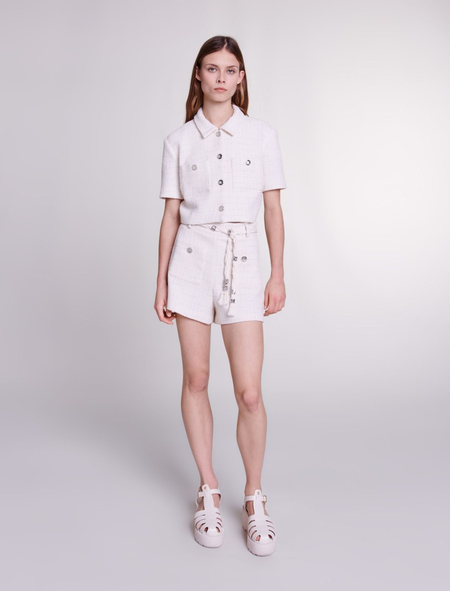 Maje Tweed | Tweed Crop Top With Metallic Thread- White